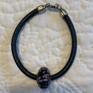 Pandora Amethyst floral Murano bead with leather bracelet.